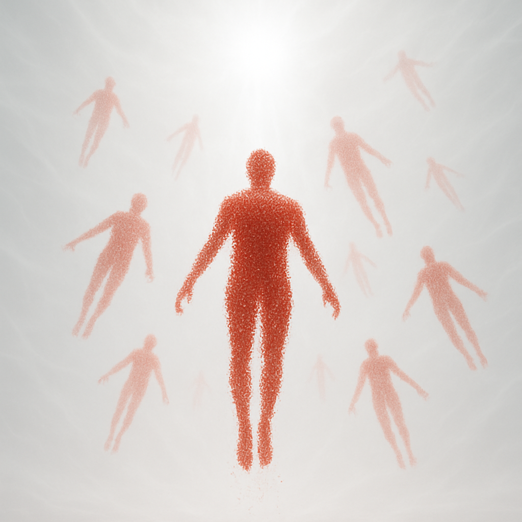 Representación surreal de personas flotando en un corredor etéreo simbolizando experiencias cercanas a la muerte